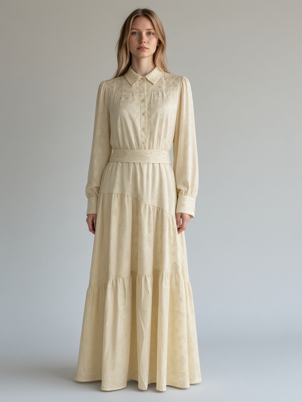 NWT Cream Jacquard Tiered Maxi Shirt Dress with Bishop Sleeves Small